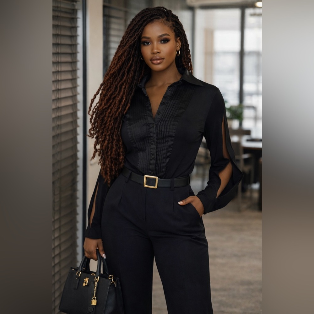 BEBE Elegant Black Draped Tuxedo style Bodysuit